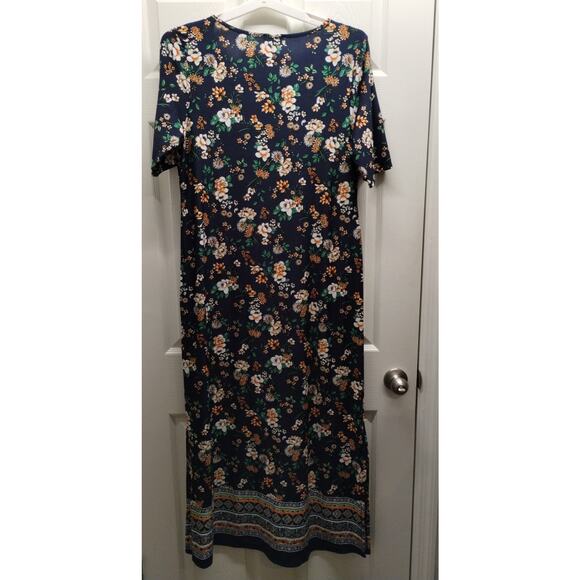 Sami & Jo Size XL Navy Blue Floral Boho Trim Short Sleeve Stretch Maxi Dress - Picture 3 of 6